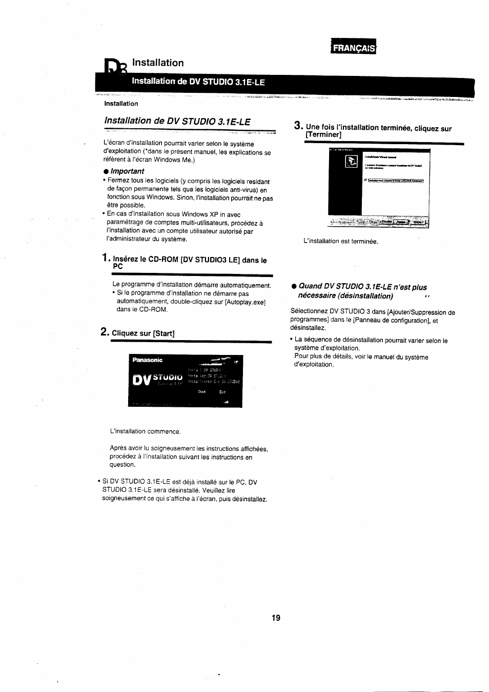 Insérez le cd-rom [dv studios le] dans le pc, Cliquez sur [start, Installation | Panasonic VWDTA29 User Manual | Page 18 / 31