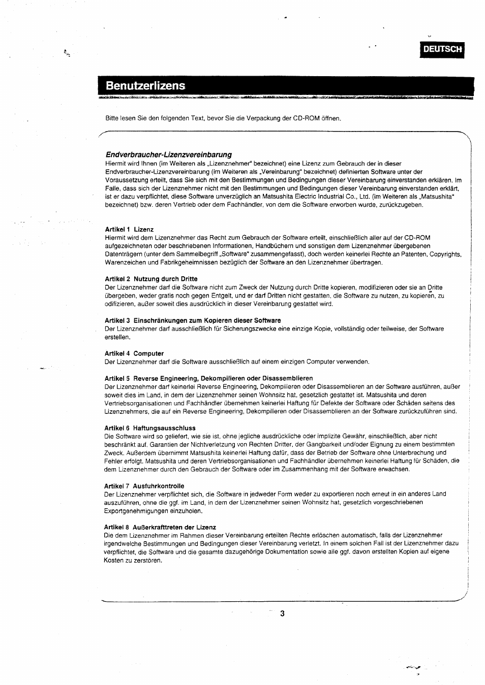 Benutzeriizens, Deutsch | Panasonic VWDTA29 User Manual | Page 3 / 31