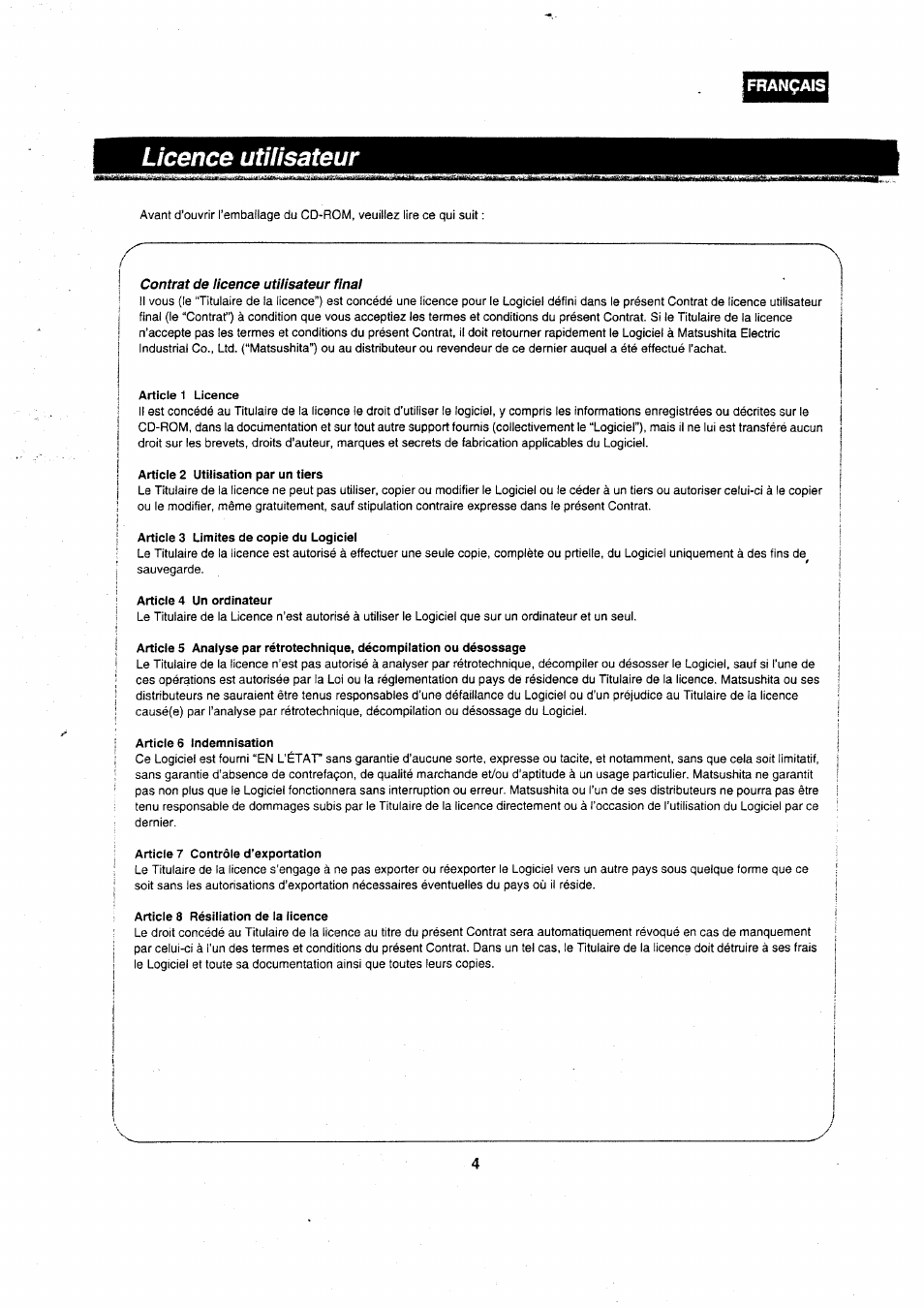 Licence utifisateur | Panasonic VWDTA29 User Manual | Page 4 / 31
