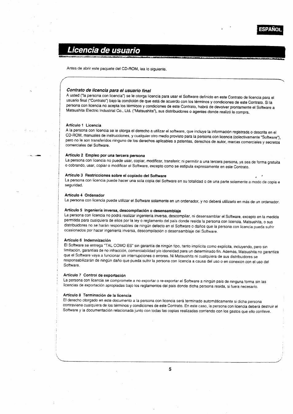 Ucencia, Usuario | Panasonic VWDTA29 User Manual | Page 5 / 31