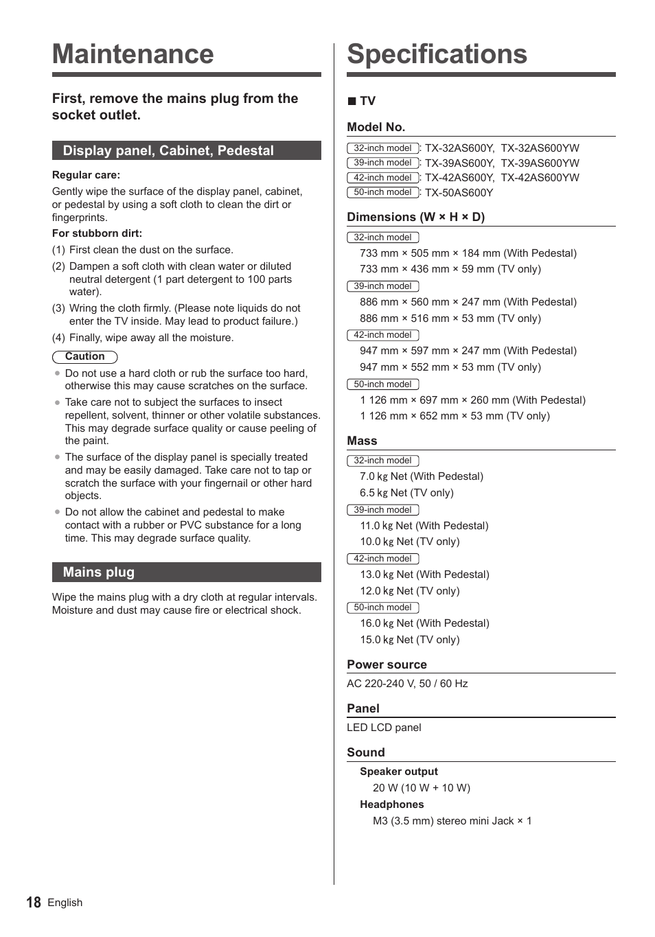 Specifications, Maintenance, Mains plug | Panasonic TX39AS600YW User Manual | Page 18 / 68