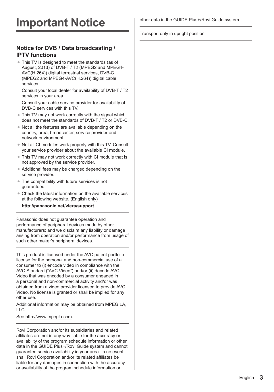 Important notice | Panasonic TX39AS600YW User Manual | Page 3 / 68