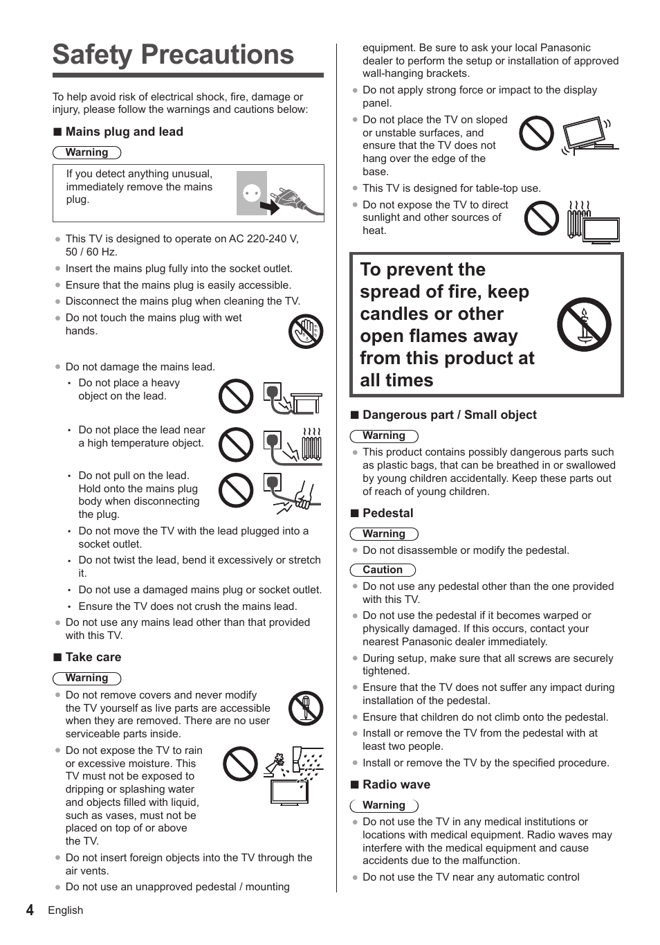 Safety precautions | Panasonic TX39AS600YW User Manual | Page 4 / 68