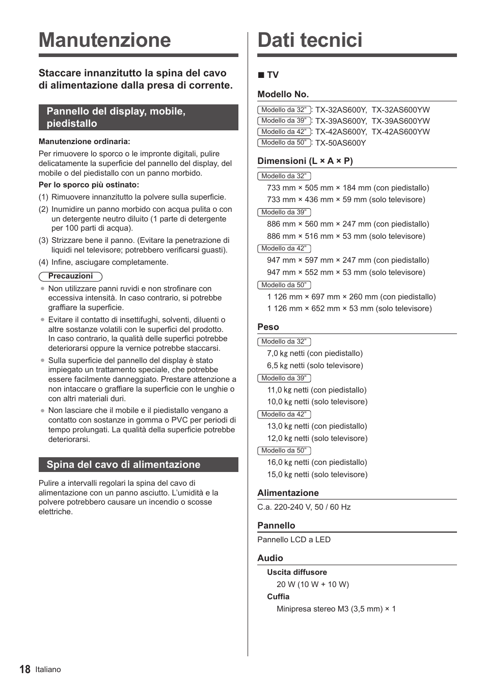 Dati tecnici, Manutenzione, Spina del cavo di alimentazione | Panasonic TX39AS600YW User Manual | Page 40 / 68