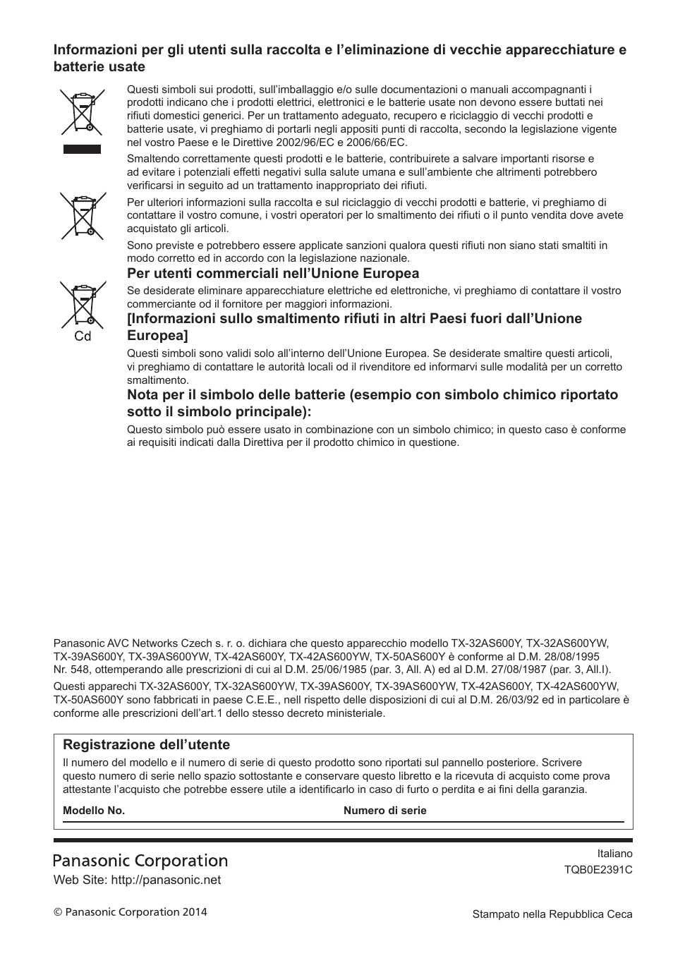 Per utenti commerciali nell’unione europea, Registrazione dell’utente | Panasonic TX39AS600YW User Manual | Page 44 / 68