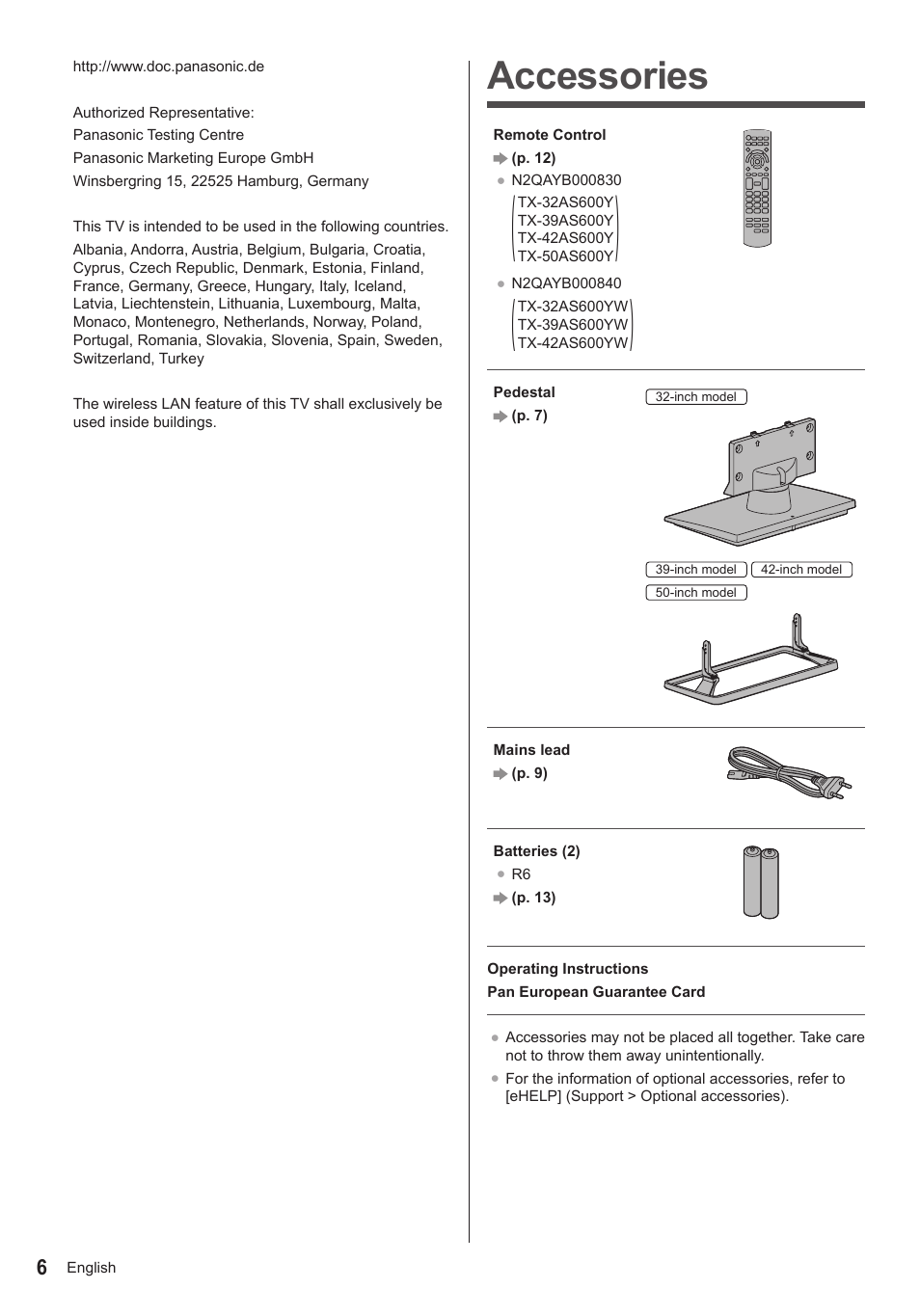 Accessories | Panasonic TX39AS600YW User Manual | Page 6 / 68