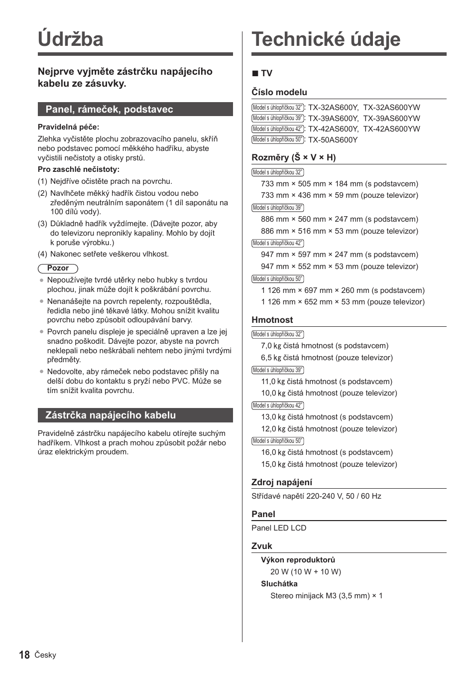 Technické údaje, Údržba, Zástrčka napájecího kabelu | Panasonic TX39AS600YW User Manual | Page 62 / 68