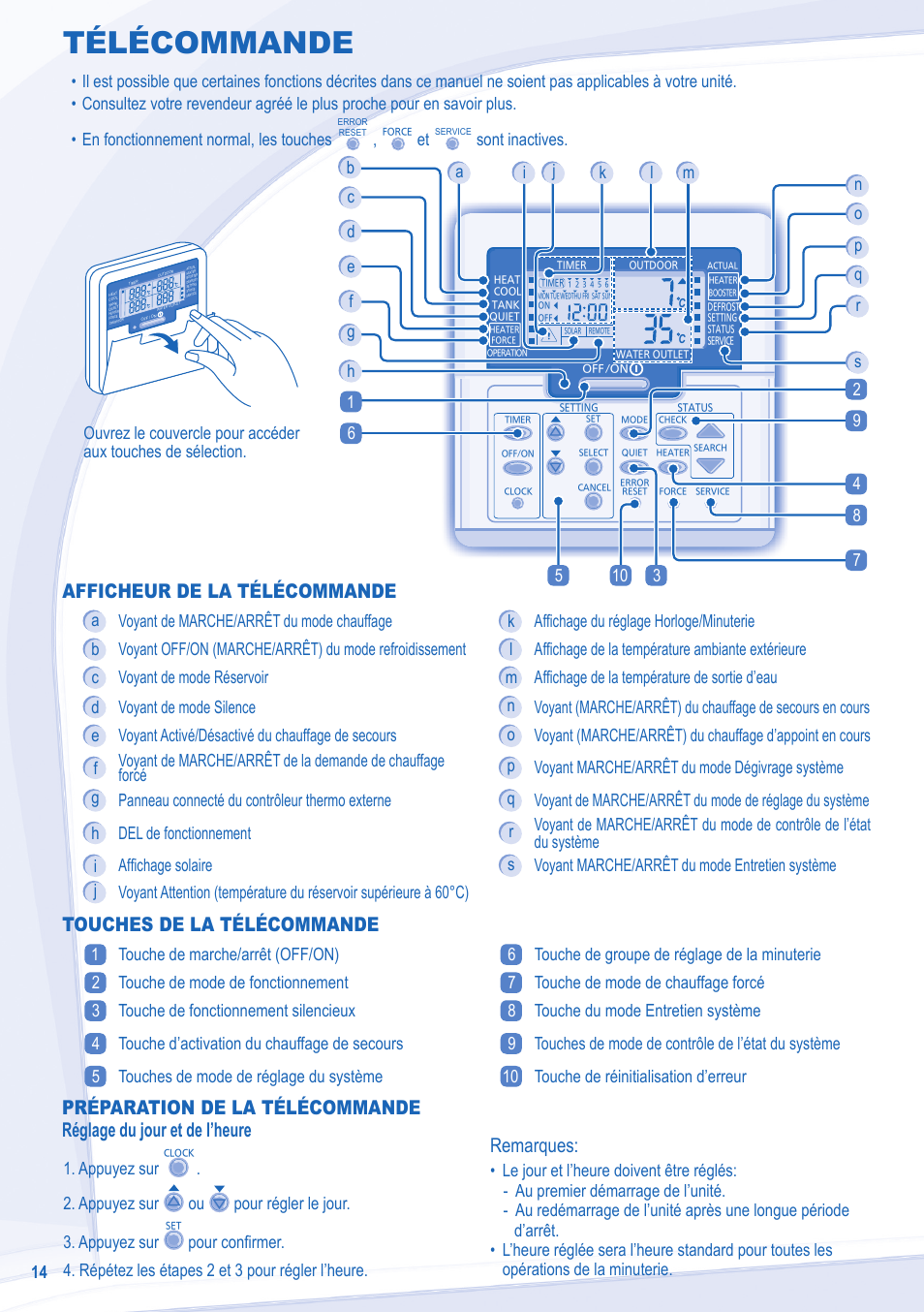 Télécommande, Afficheur de la télécommande, Touches de la télécommande | Remarques, Sont inactives, Appuyez sur ou pour régler le jour. 3. appuyez sur | Panasonic WHMDC16C6E51 User Manual | Page 14 / 92