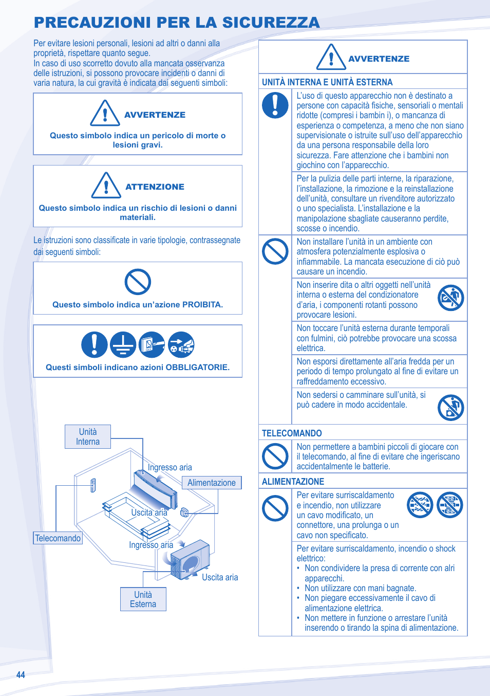 Precauzioni per la sicurezza | Panasonic CSE18MKEW User Manual | Page 44 / 64