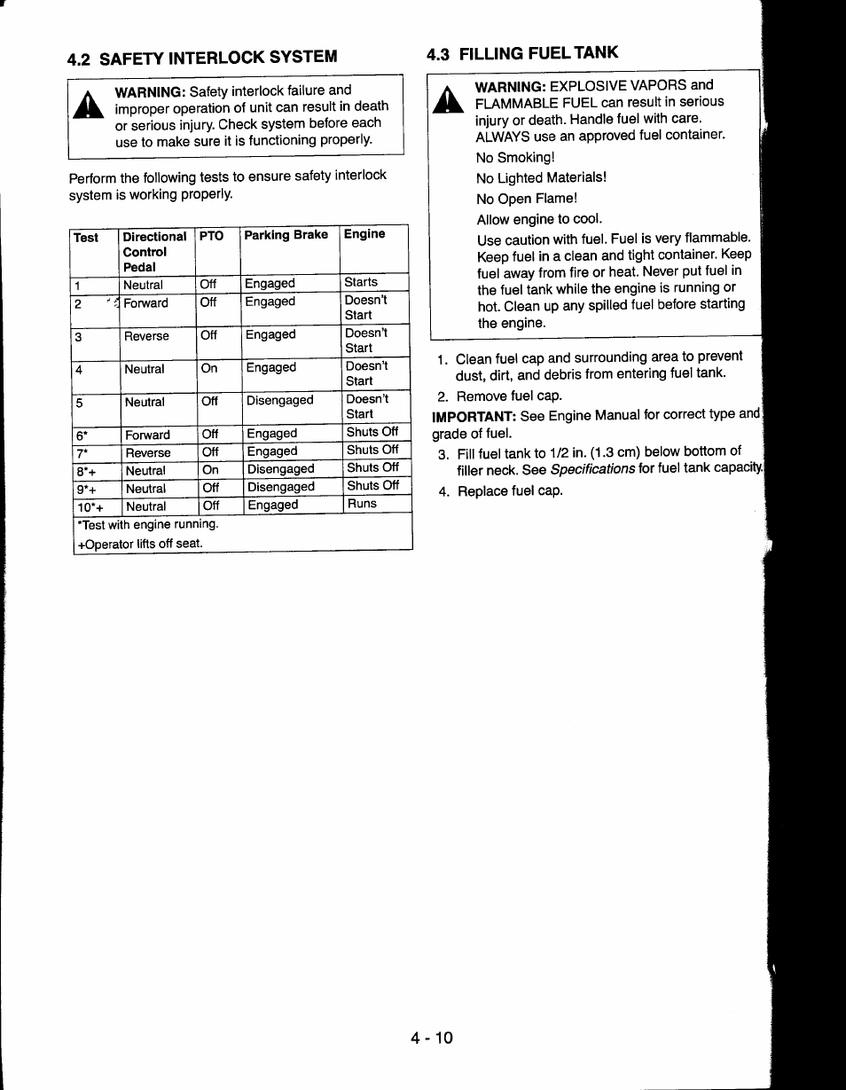 2 safety interlock system, 3 filling fuel tank, 2 safety interlock system -10 | 3 filling fuel tank -10, 2 safety interlock system 4.3 filling fuel tank | Ariens 927065 User Manual | Page 10 / 44