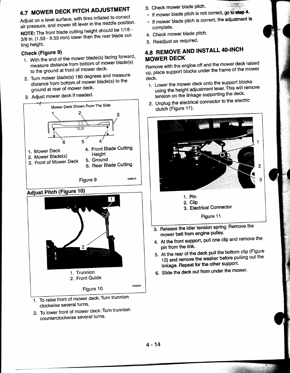7 mower deck pitch adjustment, 8 remove and install 40-inch mower deck, 7 mower deck pitch adjustment -14 | 9 leveling the 40-inch mower deck -15 | Ariens 927065 User Manual | Page 14 / 44