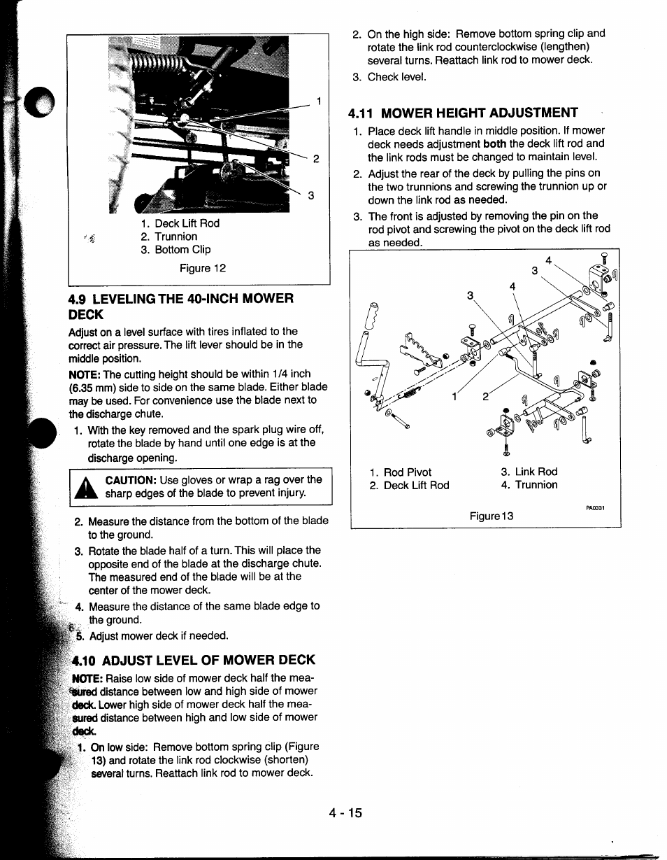 9 leveling the 40-inch mower deck, 10 adjust level of mower deck, 11 mower height adjustment | 10 adjust level of mower deck -15, 11 mower height adjustment -15 | Ariens 927065 User Manual | Page 15 / 44