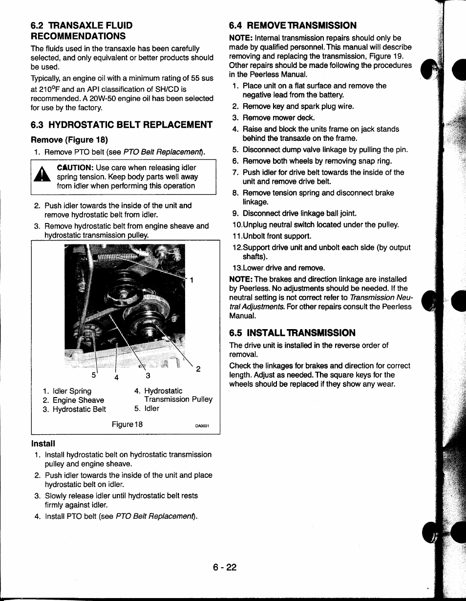 2 transaxle fluid recommendations, 3 hydrostatic belt replacement, 4 remove transmission | 5 install transmission, 2 transaxle fluid recommendations -22, 3 hydrostatic belt replacement -22, 4 remove transmission -22, 5 install transmission -22 | Ariens 927065 User Manual | Page 22 / 44