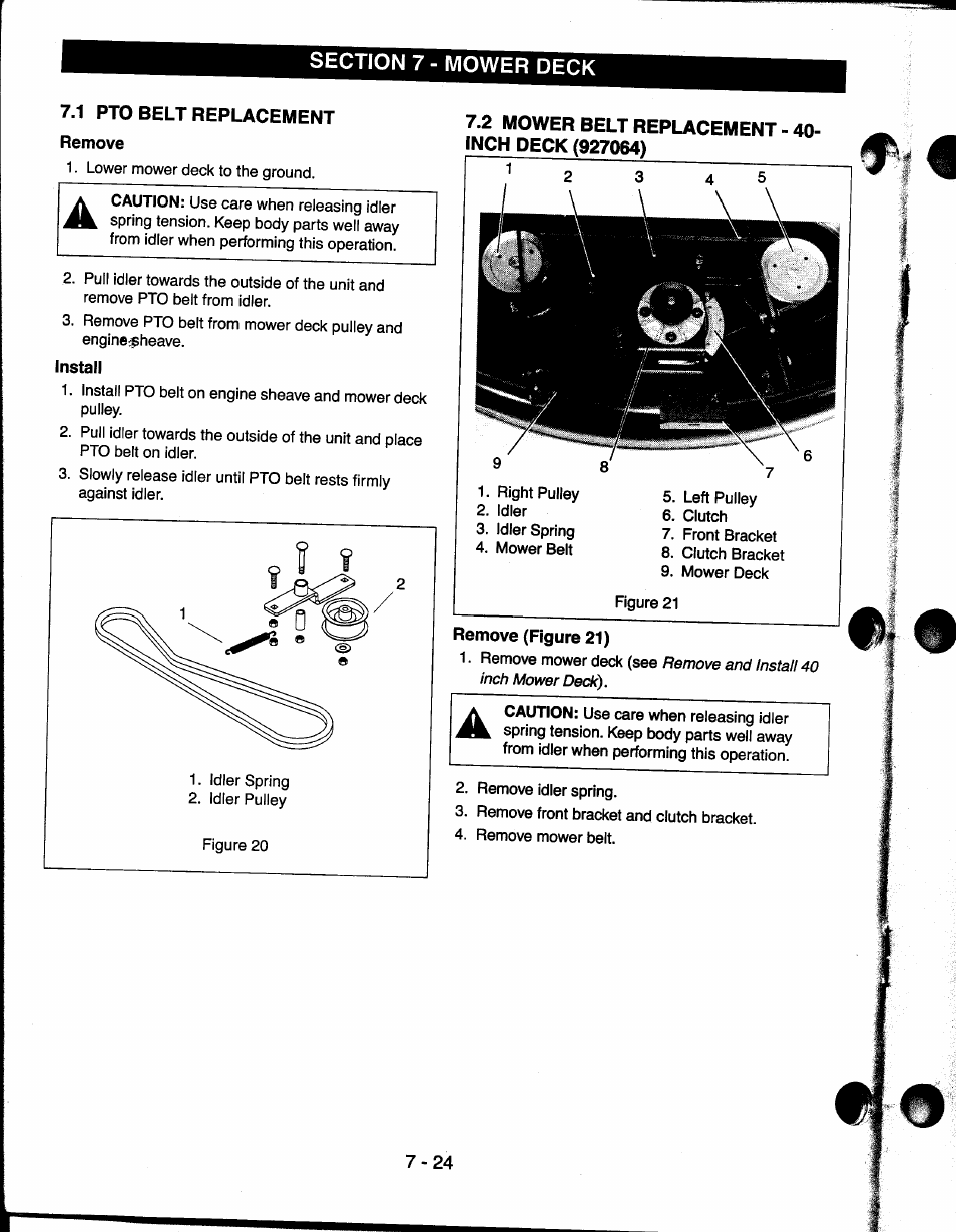 1 pto belt replacement remove, Install, 2 mower belt replacement - 40- inch deck (927064) | Remove (figure 21), 1 pto belt replacement -24 | Ariens 927065 User Manual | Page 24 / 44