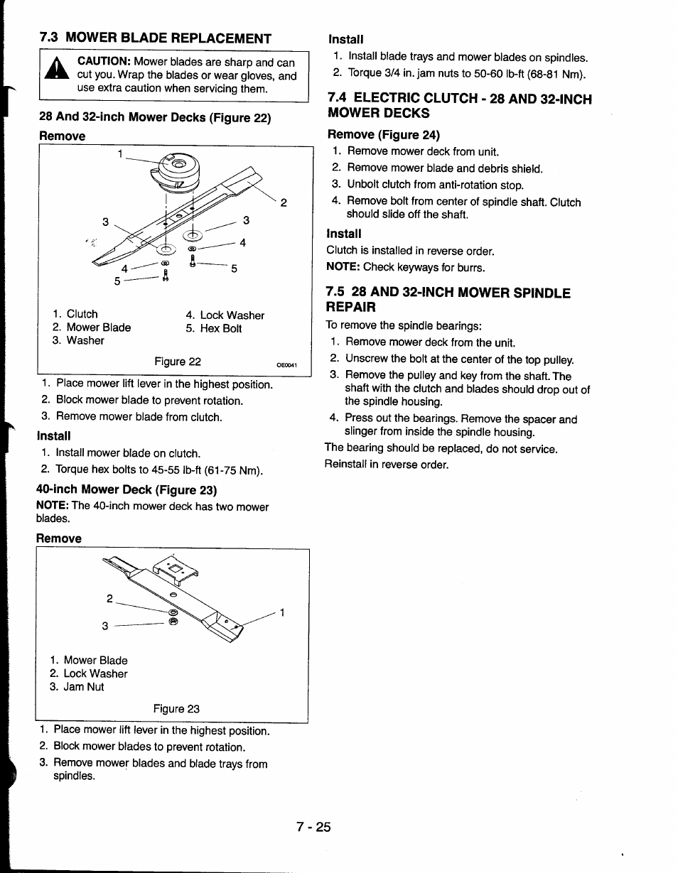 3 mower blade replacement, 4 electric clutch - 28 and 32-inch mower decks, 5 28 and 32-inch mower spindle repair | 3 mower blade replacement -25, 6 40-inch mower spindle repair -26 | Ariens 927065 User Manual | Page 25 / 44