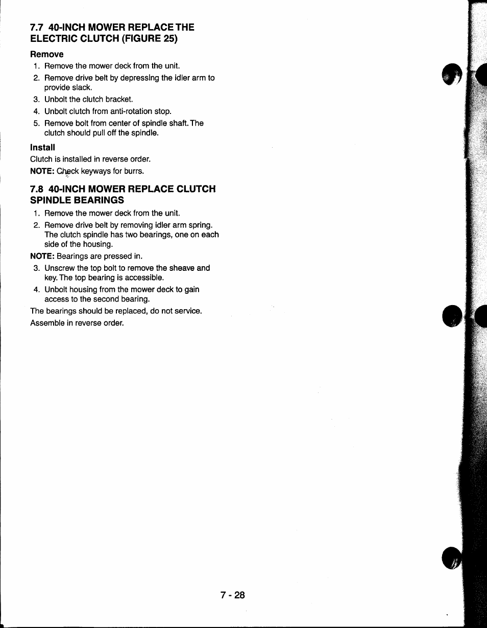 Remove, Install, 8 40-inch mower replace clutch spindle bearings | Ariens 927065 User Manual | Page 28 / 44