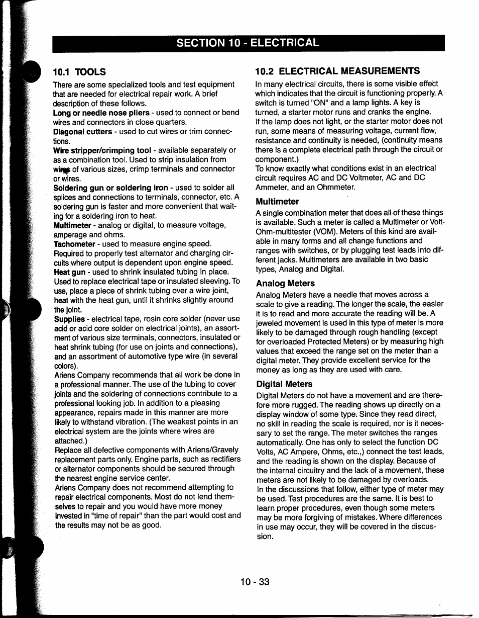 1 tools, 2 electrical measurements, Multimeter | Analog meters, Digital meters, 1 tools -33, 2 electrical measurements -33 | Ariens 927065 User Manual | Page 33 / 44