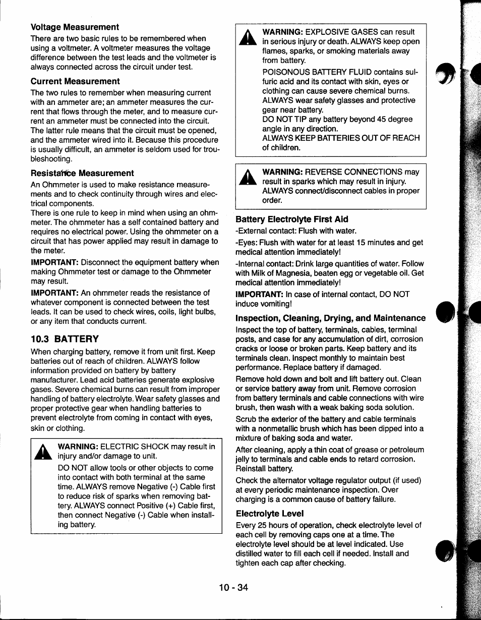 Voltage measurement, Current measurement, Resistat^e measurement | 3 battery, Battery electrolyte first aid, Inspection, cleaning, drying, and maintenance, Electrolyte level, 3 battery -34 | Ariens 927065 User Manual | Page 34 / 44