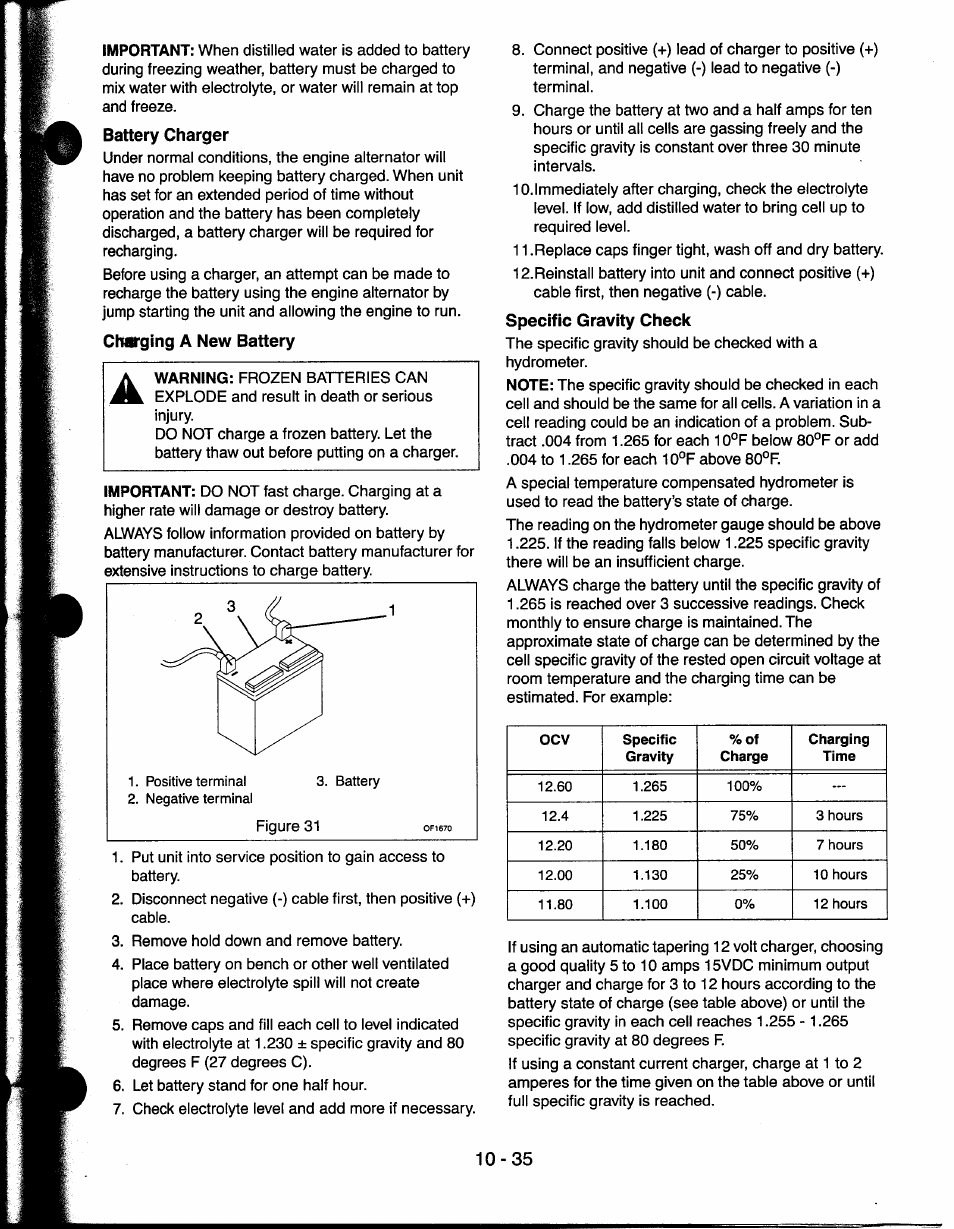 Battery charger, Charging a new battery, Specific gravity check | Ariens 927065 User Manual | Page 35 / 44