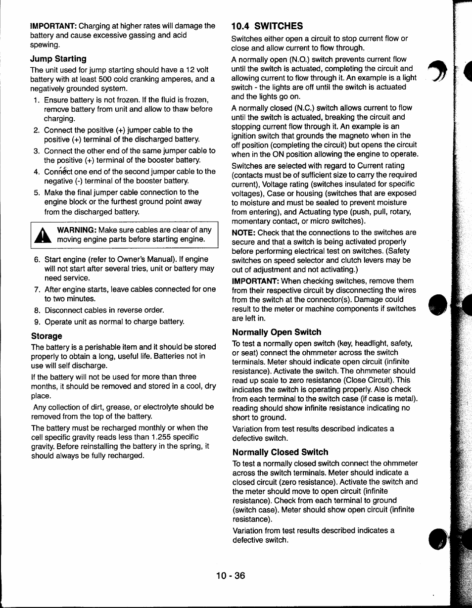 4 switches, Jump starting, Storage | Normally open switch, Normally closed switch, 4 switches -36 | Ariens 927065 User Manual | Page 36 / 44