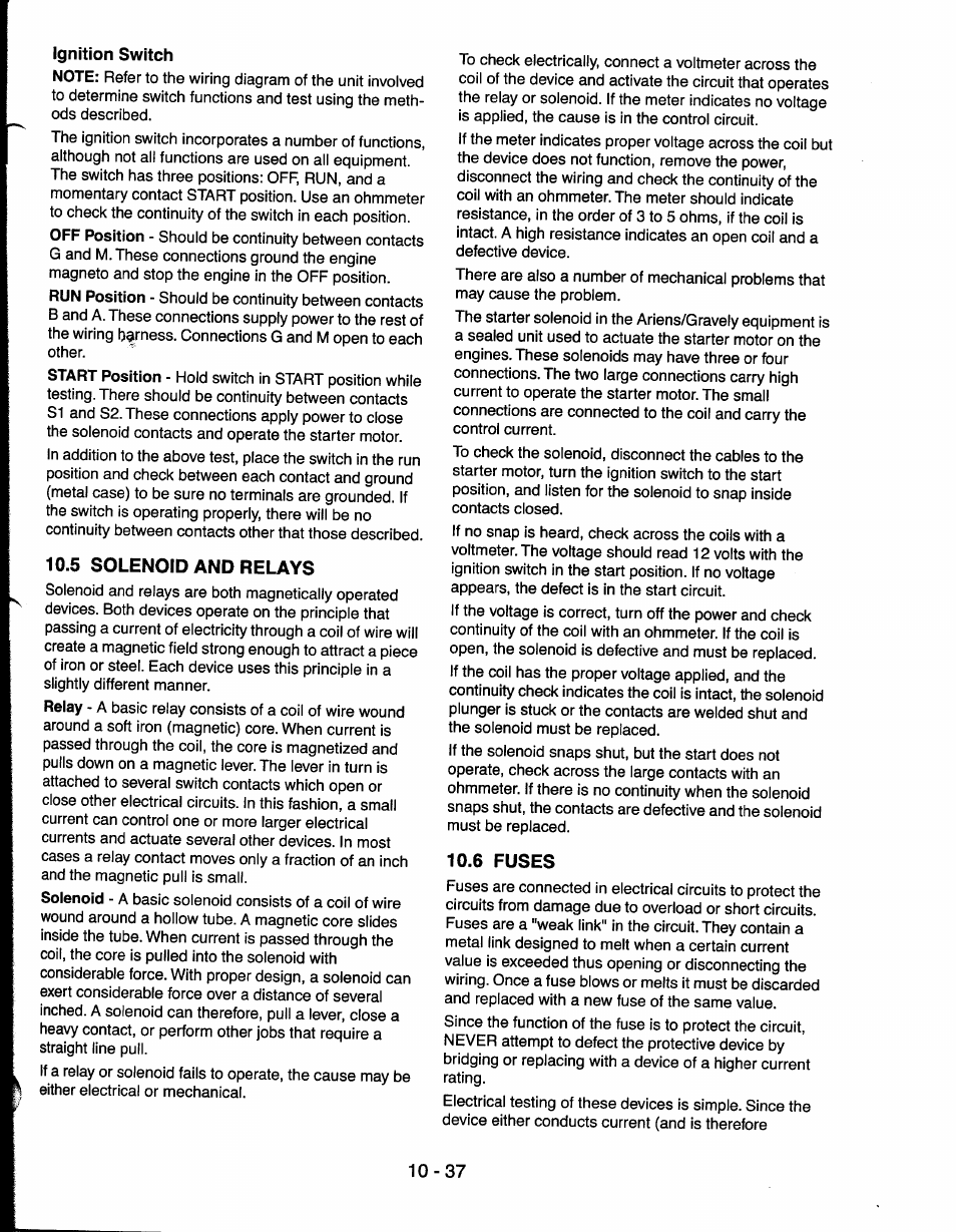 Ignition switch, 5 solenoid and relays, 6 fuses | 5 solenoid and relays -37, 6 fuses -37 | Ariens 927065 User Manual | Page 37 / 44