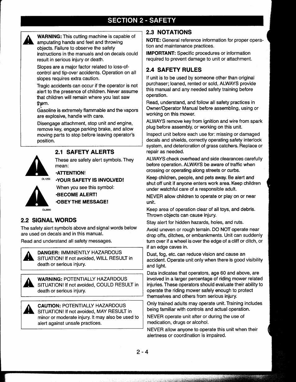 1 safety alerts, 2 signal words, 3 notations | 4 safety rules, 1 safety alerts -4, 2 signal words -4, 3 notations -4, 4 safety rules -4 | Ariens 927065 User Manual | Page 4 / 44