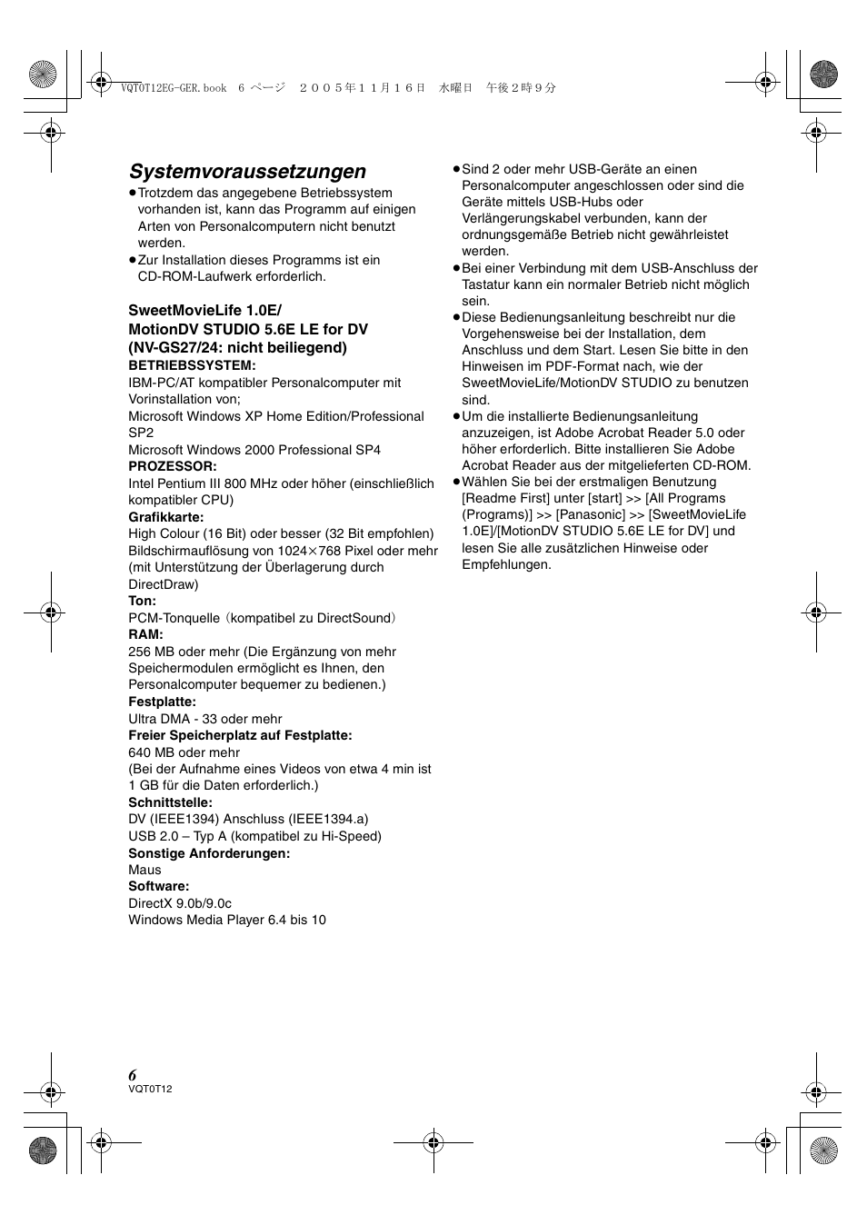 Systemvoraussetzungen | Panasonic NVGS280 User Manual | Page 6 / 76