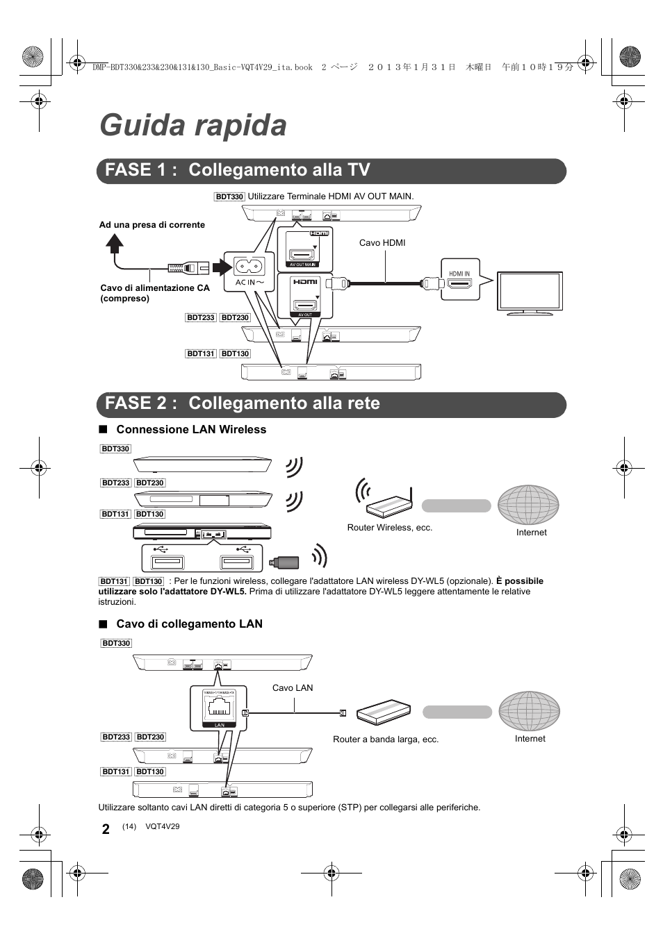 Guida rapida, Fase 1 : collegamento alla tv, Fase 2 : collegamento alla rete | Panasonic DMPBDT233EG User Manual | Page 14 / 72