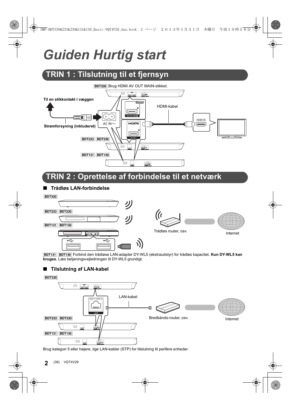 Guiden hurtig start, Trin 1 : tilslutning til et fjernsyn, Trin 2 : oprettelse af forbindelse til et netværk | Panasonic DMPBDT233EG User Manual | Page 38 / 72