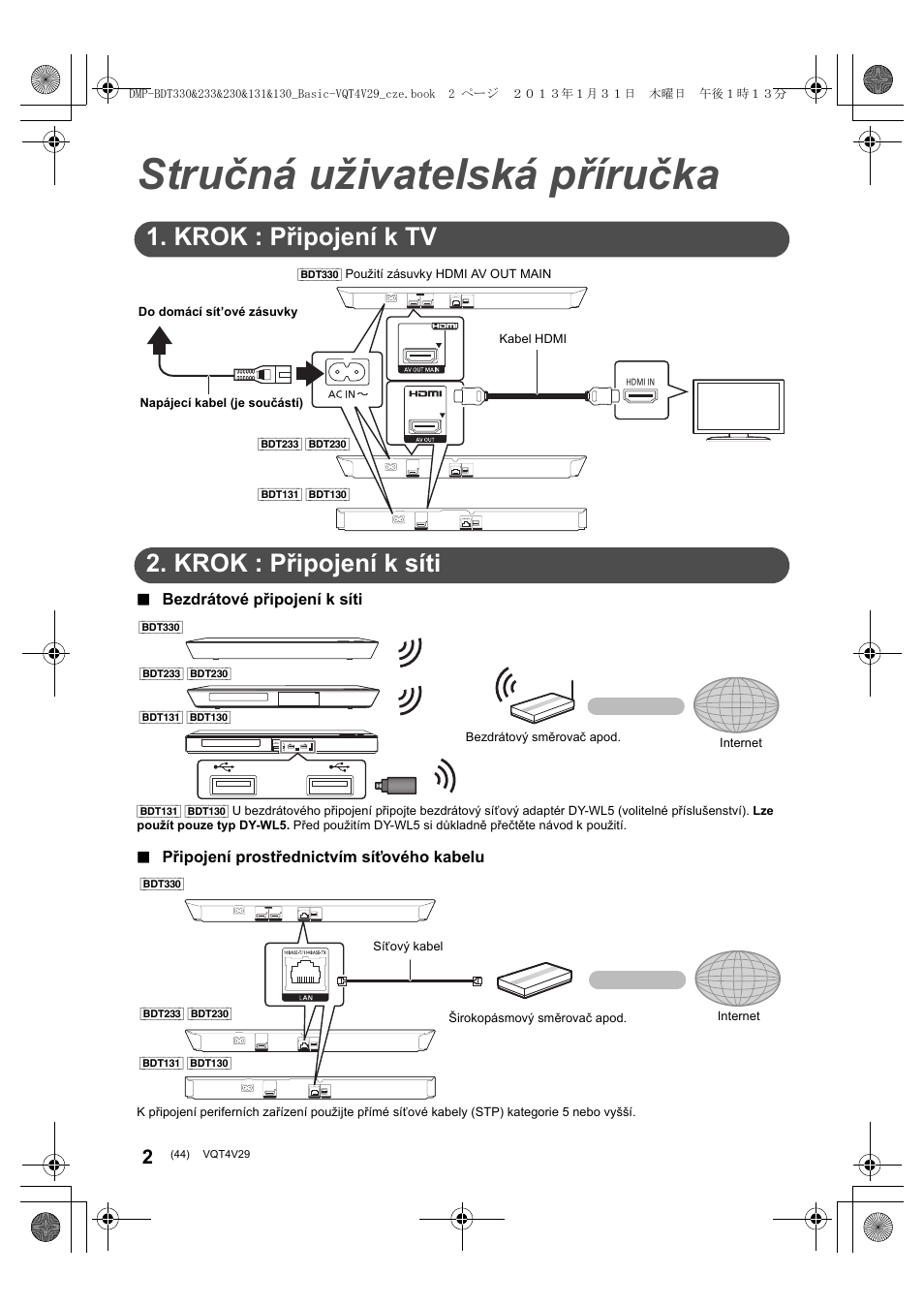 Stručná uživatelská příručka, Krok : připojení k tv, Krok : připojení k síti | Panasonic DMPBDT233EG User Manual | Page 44 / 72