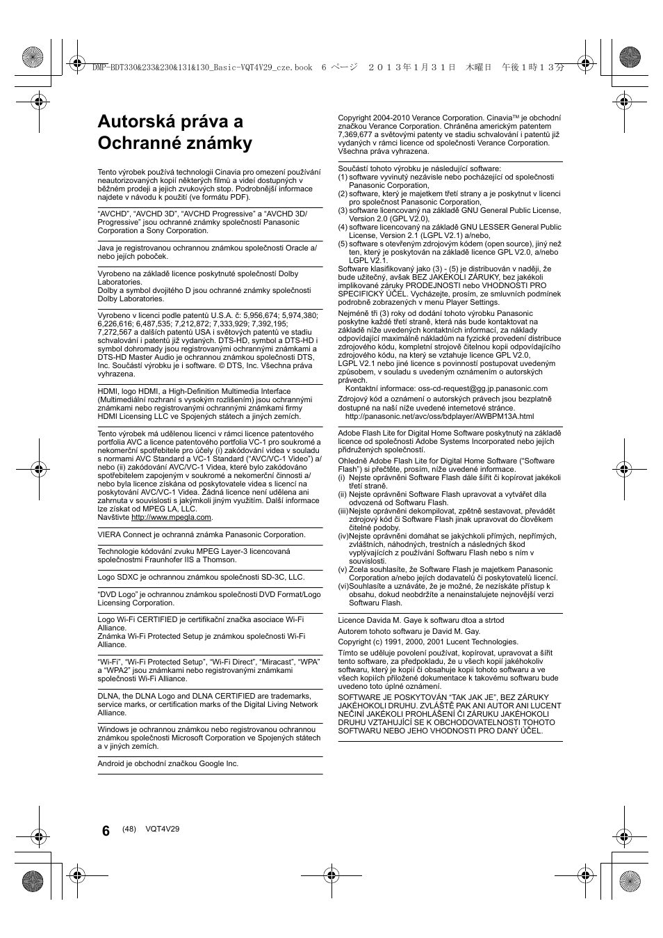 Autorská práva a ochranné známky | Panasonic DMPBDT233EG User Manual | Page 48 / 72