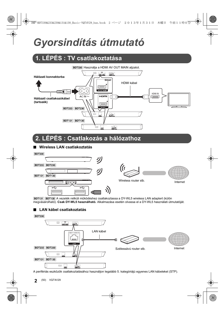 Gyorsindítás útmutató, Lépés : tv csatlakoztatása, Lépés : csatlakozás a hálózathoz | Panasonic DMPBDT233EG User Manual | Page 50 / 72