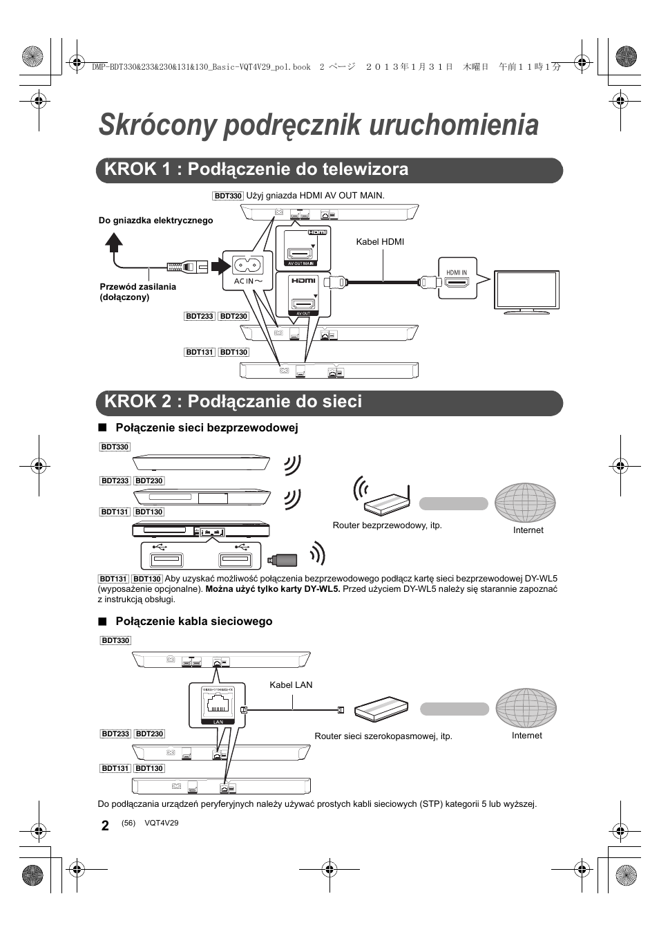 Skrócony podręcznik uruchomienia, Krok 1 : podłączenie do telewizora, Krok 2 : podłączanie do sieci | Panasonic DMPBDT233EG User Manual | Page 56 / 72