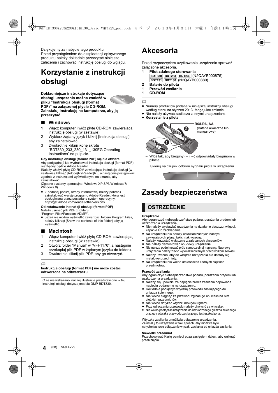 Korzystanie z instrukcji obsługi, Akcesoria, Zasady bezpieczeństwa | Ostrzeëenie, Windows, Macintosh | Panasonic DMPBDT233EG User Manual | Page 58 / 72
