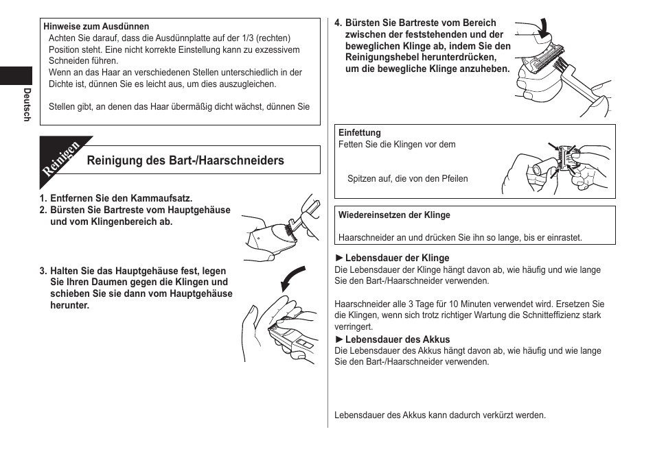 Reinigen, Reinigung des bart-/haarschneiders | Panasonic ER2302 User Manual | Page 10 / 100