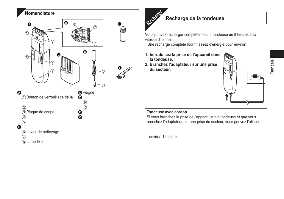 Recharge, Recharge de la tondeuse | Panasonic ER2302 User Manual | Page 13 / 100