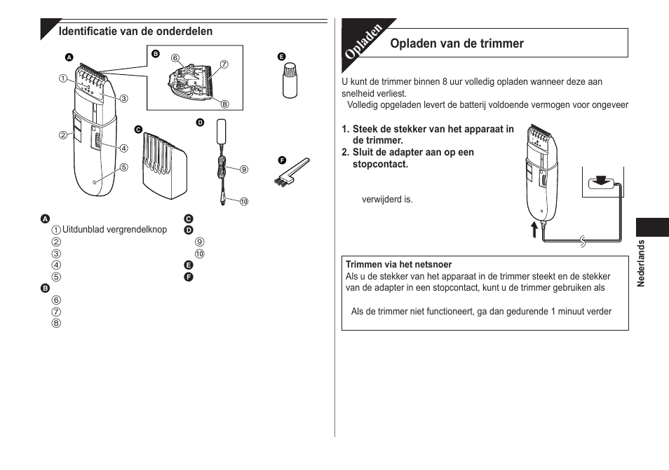Opladen, Opladen van de trimmer | Panasonic ER2302 User Manual | Page 23 / 100
