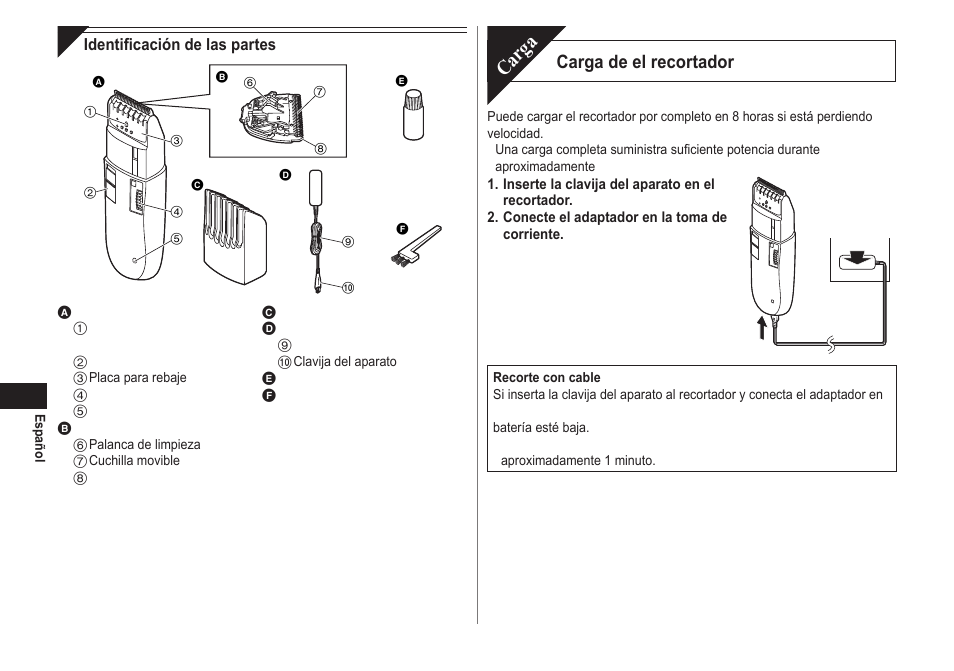 Carga, Carga de el recortador | Panasonic ER2302 User Manual | Page 28 / 100