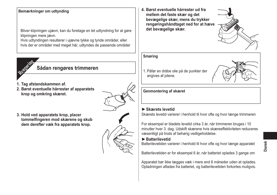 Rengøring, Sådan rengøres trimmeren | Panasonic ER2302 User Manual | Page 35 / 100