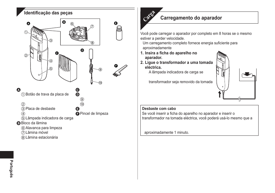 Carga, Carregamento do aparador | Panasonic ER2302 User Manual | Page 38 / 100