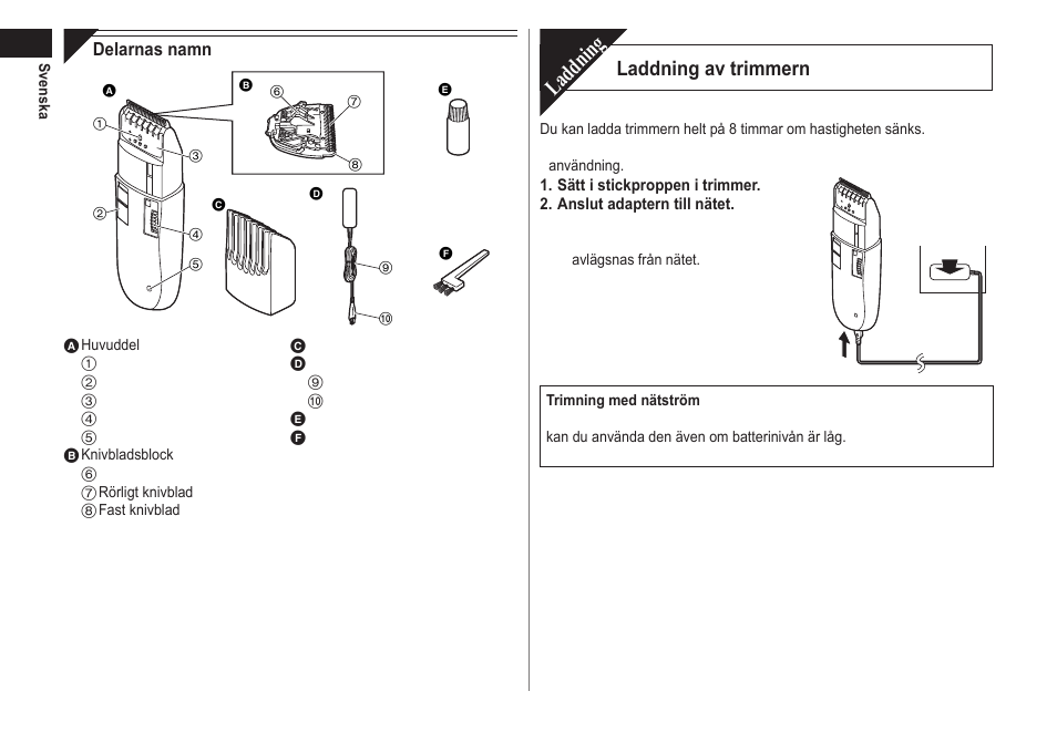 Laddning, Laddning av trimmern | Panasonic ER2302 User Manual | Page 48 / 100