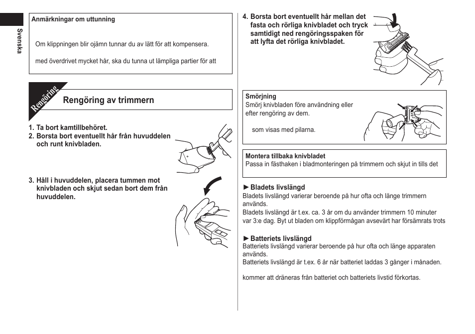 Rengöring, Rengöring av trimmern | Panasonic ER2302 User Manual | Page 50 / 100