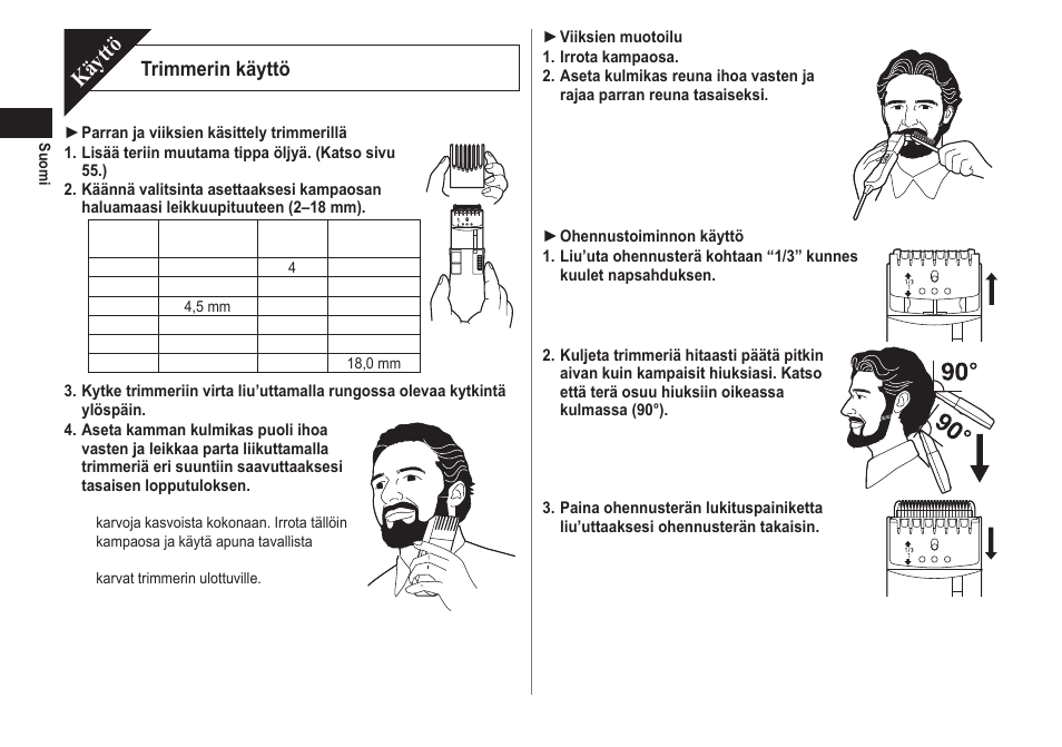 Käyttö, Trimmerin käyttö | Panasonic ER2302 User Manual | Page 54 / 100