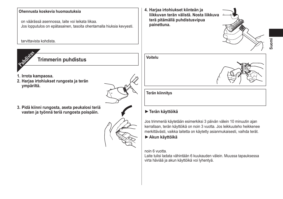 Puhdistus, Trimmerin puhdistus | Panasonic ER2302 User Manual | Page 55 / 100