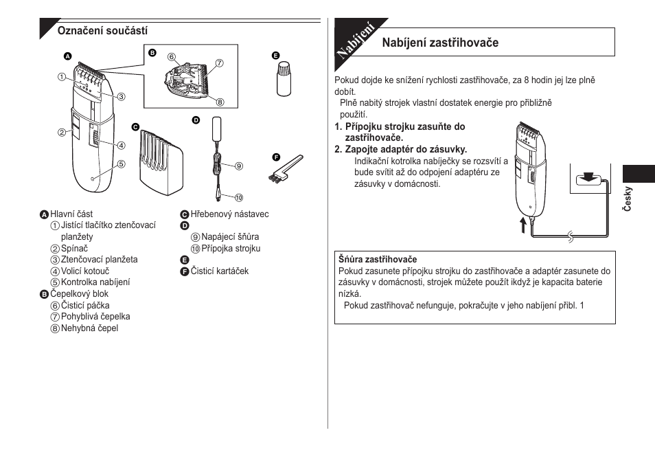Nabíjení, Nabíjení zastřihovače | Panasonic ER2302 User Manual | Page 63 / 100