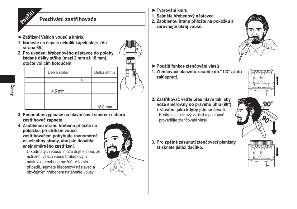 Použití, Používání zastřihovače | Panasonic ER2302 User Manual | Page 64 / 100