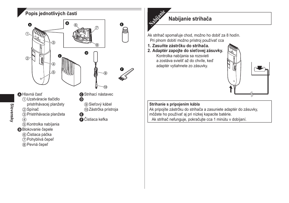 Nabíjanie, Nabíjanie strihača | Panasonic ER2302 User Manual | Page 68 / 100