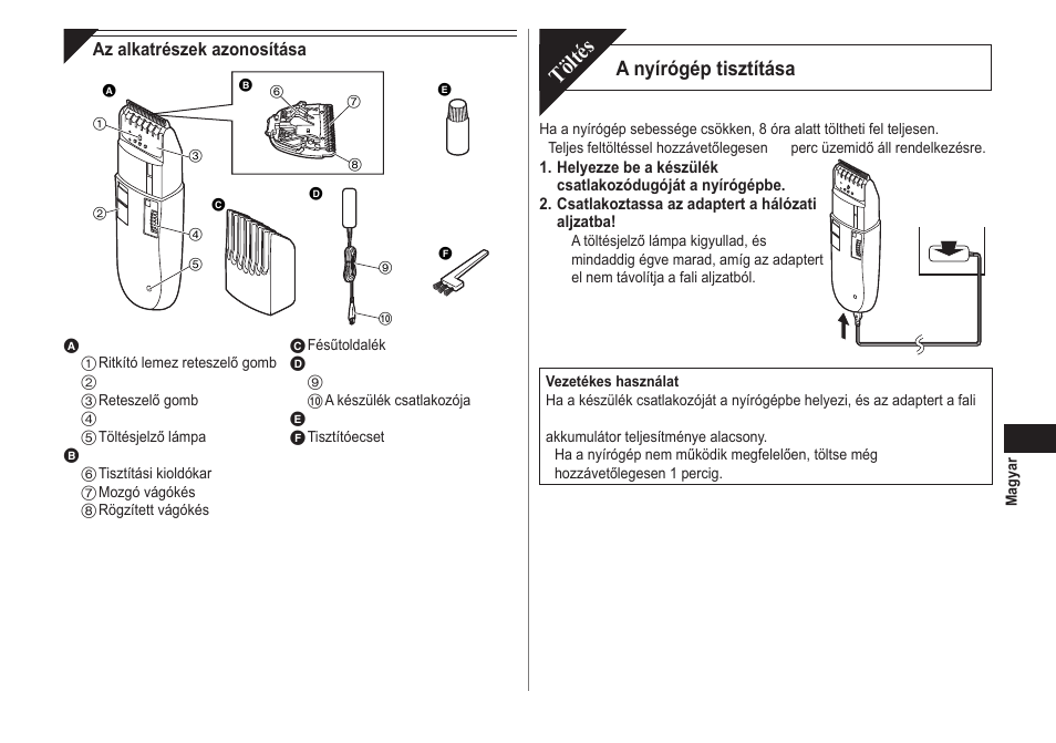 Töltés, A nyírógép tisztítása | Panasonic ER2302 User Manual | Page 73 / 100