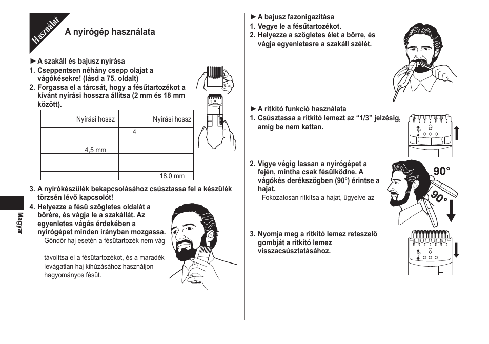 Használat, A nyírógép használata | Panasonic ER2302 User Manual | Page 74 / 100