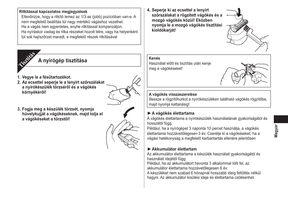Tisztítás, A nyírógép tisztítása | Panasonic ER2302 User Manual | Page 75 / 100